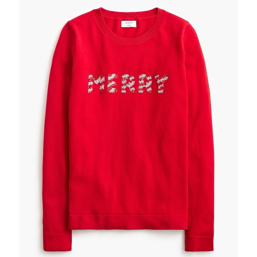 J. CREW Women’s Holiday Knit Teddie Sweater Top Merry Christmas Red size S